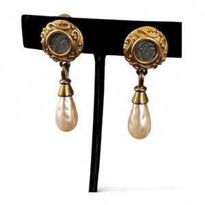 CAROLEE Vintage Faux Pearl Teardrop & Roman Coin Clip-On Earrings